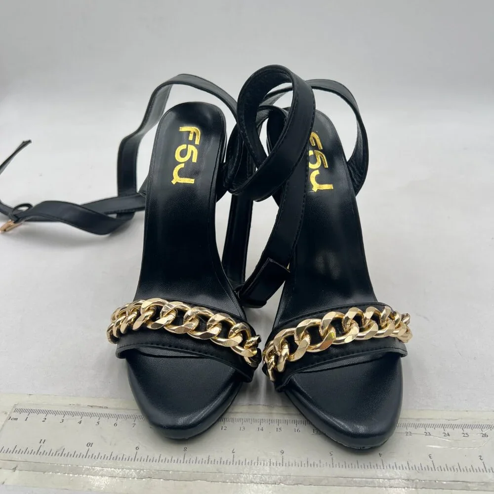 FSJ Black Chain Gold Metal Chain Chunky High Heels Ankle Strap Open Toe Sandals - Picture 3 of 8